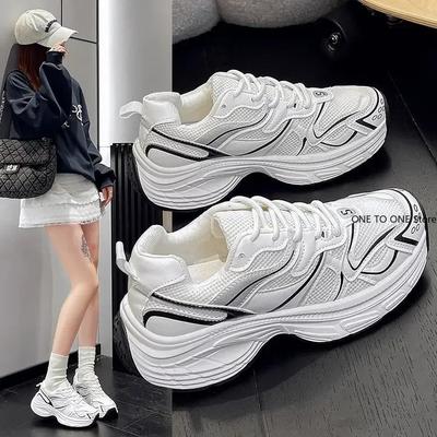 2025 Кроссовки для женщин Сетчатые однотонные пэчворк толстая подошва шнуровка весенние женские туфли для отдыха ручной работы Прямая поставка Zapatos