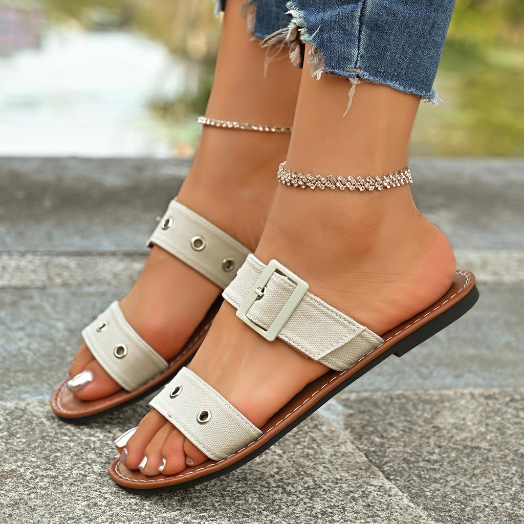 Wind One-word Round Head Sandals Women's Metal Decorative Flat-bottomed Slippers