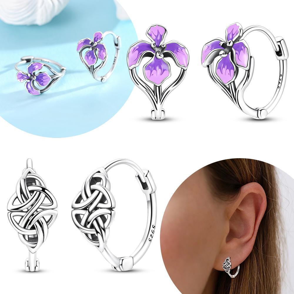 Copper Pure Copper Earring Hoop Purple Iris Flower Celtic Ear Ornament Inscription Symbol Ear Loop Valentines Gift