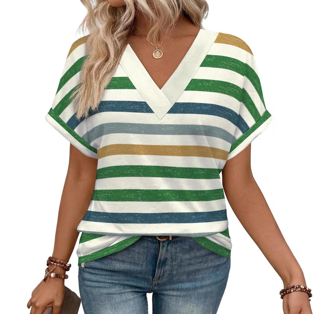 Women's Summer V Neck Striped T-shirt, Rolled Short Sleeve Loose Casual Color Block Stripe Daily Wear Blouse Tops