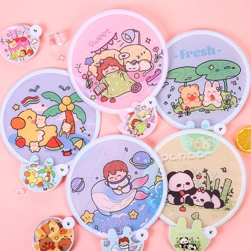 Милый карманный вентилятор с мультяшным узором, складной с ручкой, тканевая поверхность, ручной вентилятор, летний портативный