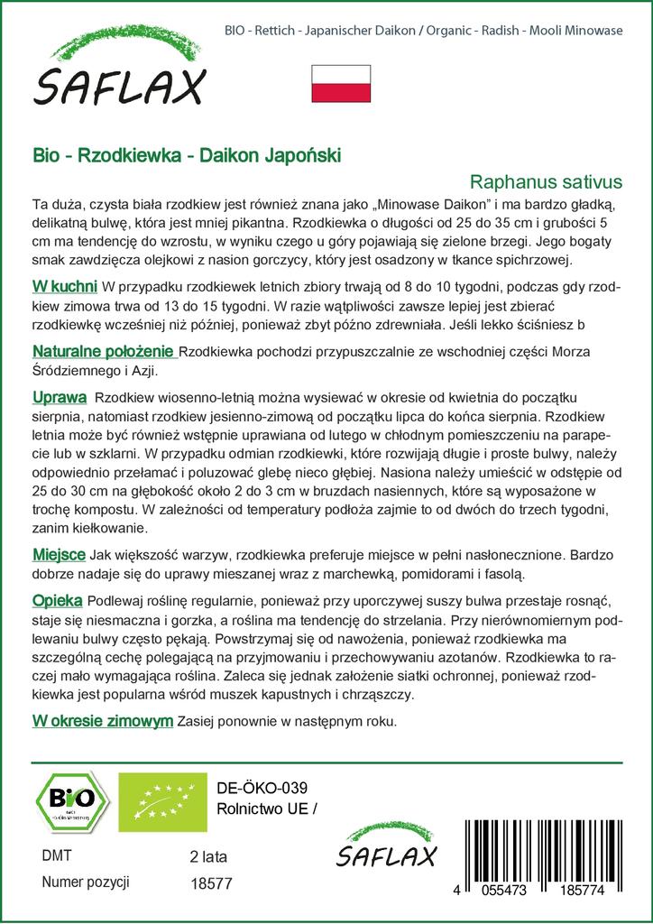 SAFLAX Garden in the Bag - Органический - Редис - Mooli Minowase - 100 семян - С субстратом в подходящем мешке - Raphanus sativus