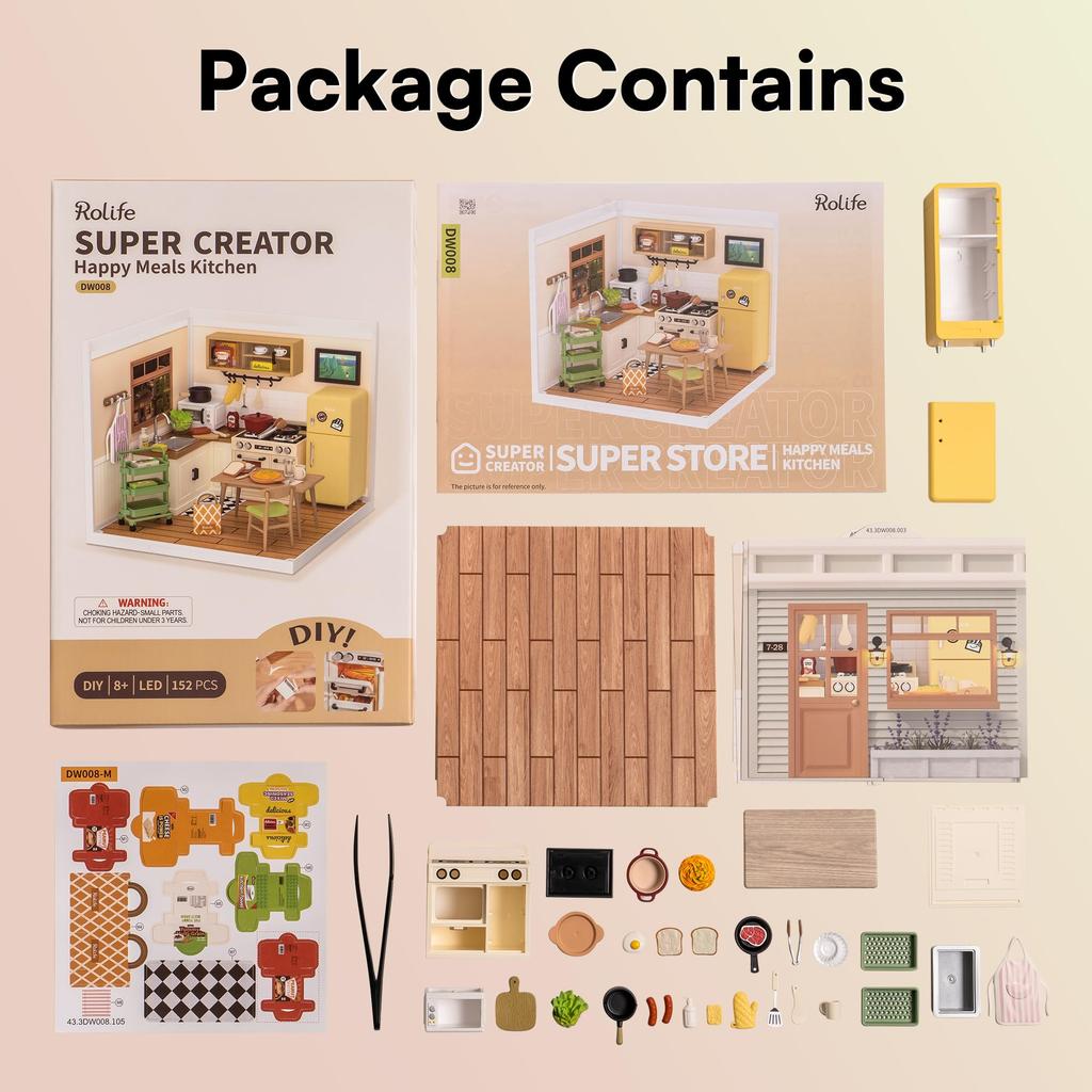 ROBOTIME Пластиковый набор для сборки миниатюрного домика для кукольного домика, миниатюрная игрушка-еда для кукольного домика со светодиодной подсветкой, подарочная сборка "Super Creator" (DW008)
