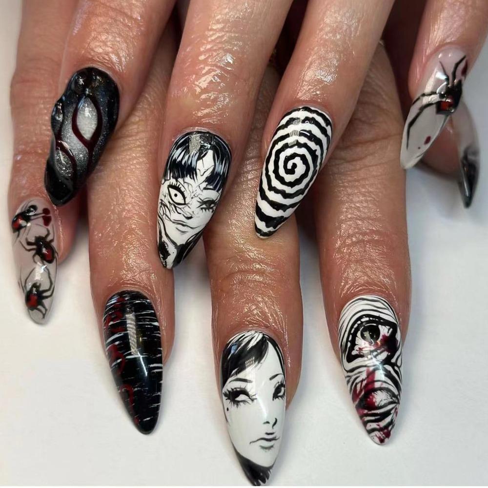 Wearable Manicure Almond Fake Nails Spring Press on Nails Detachable 3D Long Fake Nails Girl