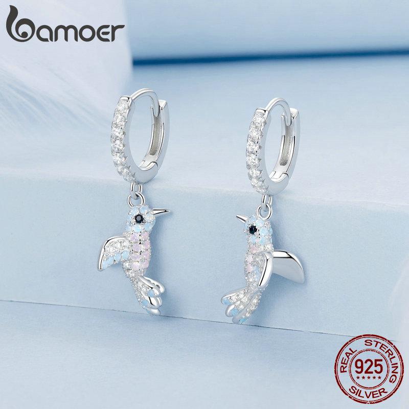 BAMOER, серьги-кольца из стерлингового серебра 925 пробы с 3D фианитами и птицами для женщин и девочек-подростков, гипоаллергенные серьги, классические модные украшения
