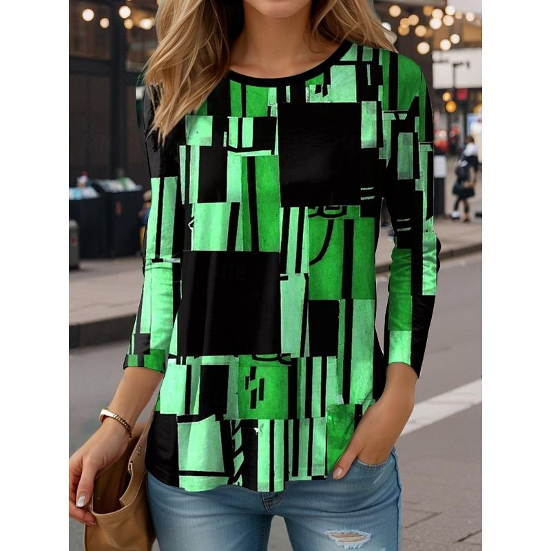 Women's Casual T-shirt 3D Printed Checkered Prints Round Neck Retro Elegant Long Sleeves Women's Fashion Pullover Long Sleeve Tops