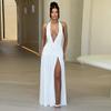 Summer New Women's Clothing Temperament Halter Neck V-neck Long Skirt Sexy Slit Pleated Backless Dress