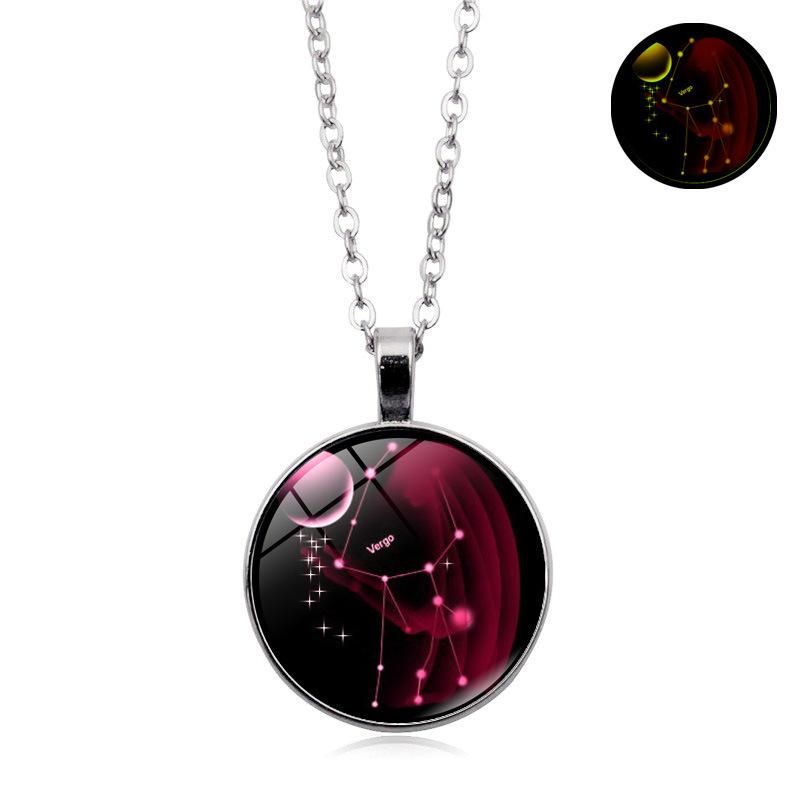 Glowing Zodiac Constellation Gemstone Pendant Necklace Vintage Versatile Sweater Chain Jewelry Accessory