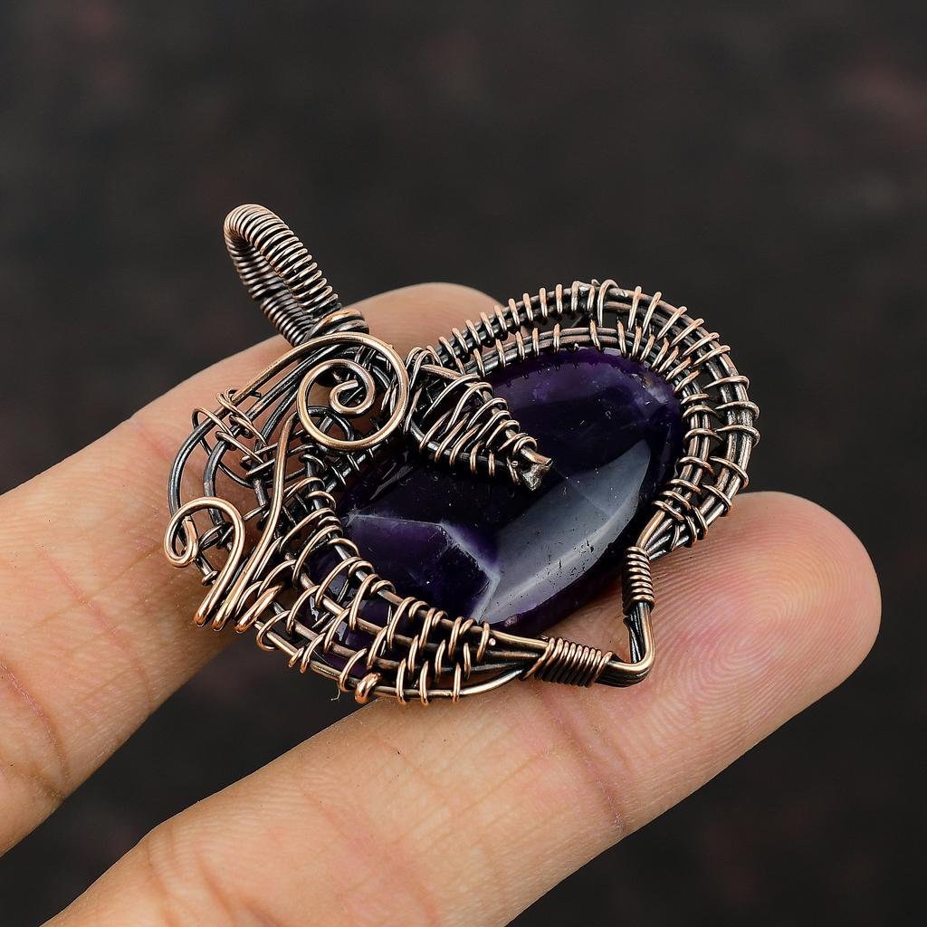 Кулон из аметиста шеврон, кулон, обмотанный медной проволокой, кулон ручной работы, обмотка проволокой, украшения из драгоценных камней, подарок для него, медные украшения, удивительный кулон