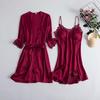 Women's Silk Five-Piece Pajama Set: Spring/Autumn Nightdress & Robe with Chest Pad