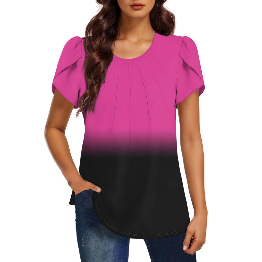Женская модная футболка с круглым вырезом и коротким рукавом с градиентным принтом, повседневная базовая плиссированная футболка-пуловер