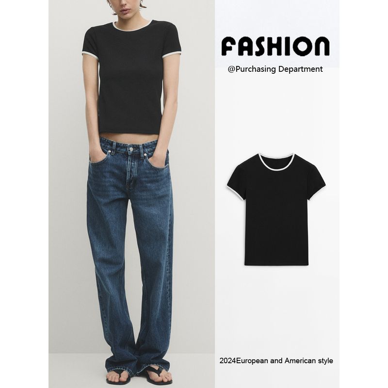 Za2024 Summer New Product Women's Clothes Casual Silm Contrast Color Round Neck Shoulder Short Sleeve T-shirt 06808918 250