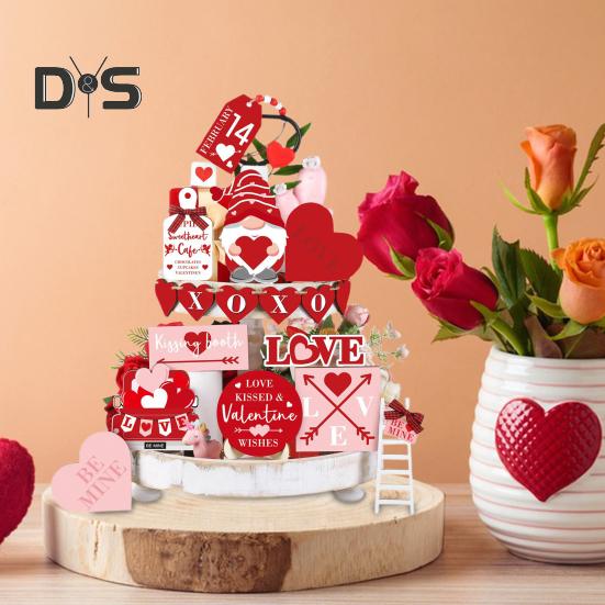 1 комплект украшений ко Дню святого Валентина, двухстороннее украшение в виде сердца, гнома, деревянного стола, деревенского фермерского стола, многоуровневого украшения для подноса