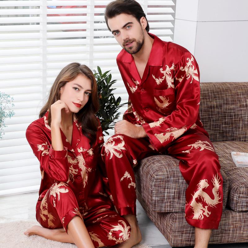 Men's Stain Silk Pajama Set Men Dragon Printed Soft Cozy Satin Nightgown Women Couples Sleepwear for Male