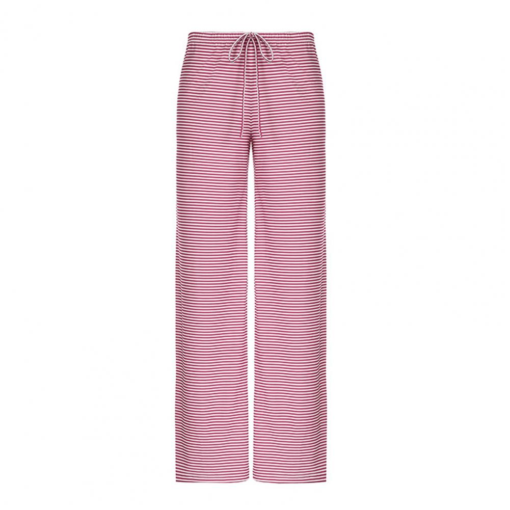 Women Casual Pants Straight Wide Leg Striped Print Long Trousers Adjustable Waist Strap Loose Fit Lounge Pants