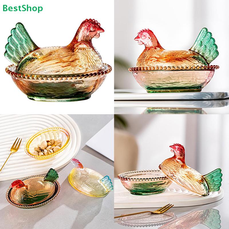 Винтажная стеклянная сервировочная миска с дизайном курицы - Контейнер с крышкой для орехов, фруктов и декора стола