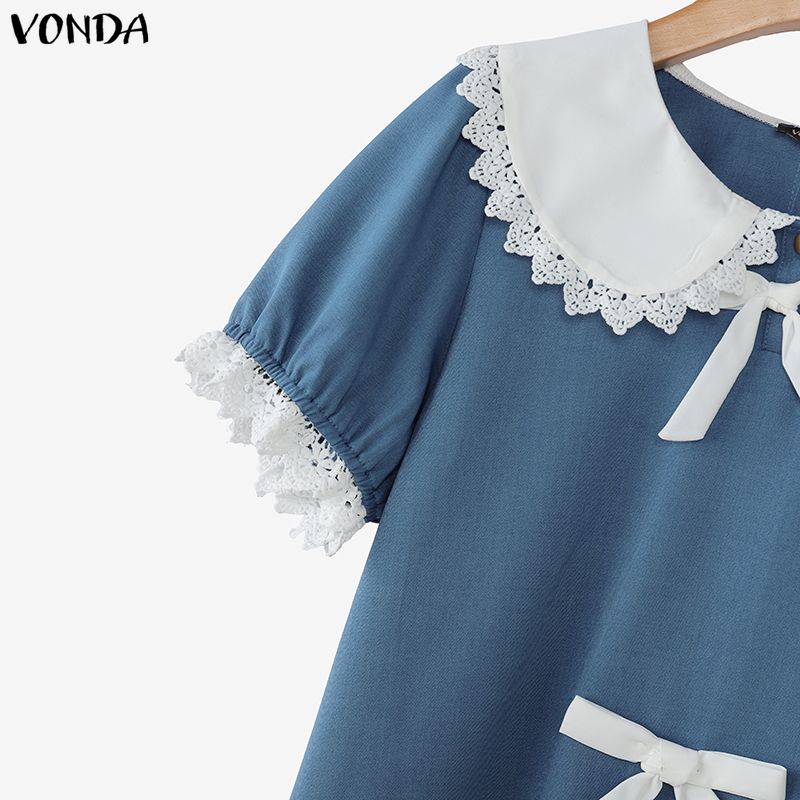 VONDA Элегантная женская блузка с отложным воротником, кружевной отделкой по подолу и бантом, повседневная, с коротким рукавом