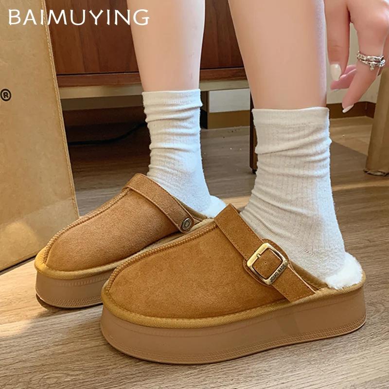 Замшевые женские хлопковые тапочки на платформе, дизайнерские короткие плюшевые повседневные туфли на плоской подошве, модные теплые зимние туфли-мюли 2025 года для снега