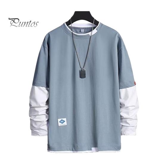 Long Sleeves Men Spring T-shirt Fake Two-piece Round Neck Loose Pullover Fall Top Keep Warm Contrast Color Friendly to Skin Clothes