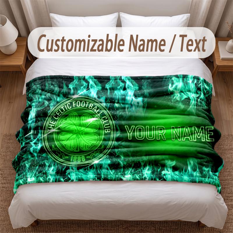 Celtic FC Printed Flannel Blanket Custom Name Text Soft Warm Throw For Bedroom Holiday Gift