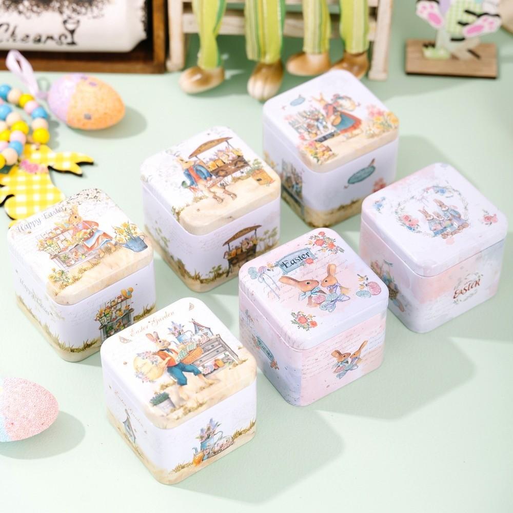 Square Shape Easter Gifts Box Iron Material Rabbit Tin Storage Box Party Decorations