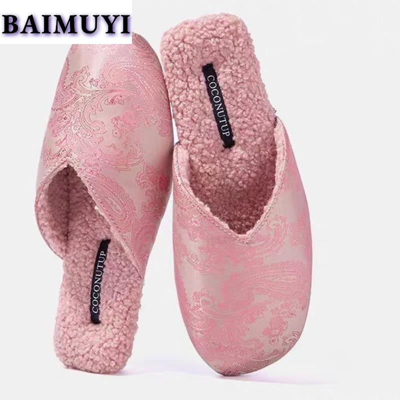 Модные туфли на плоской подошве женские тапочки с принтом из меха модные мюли обувь зимние новые шлепанцы 2025 тренд новые сандалии с открытой пяткой Mujer Zapatos