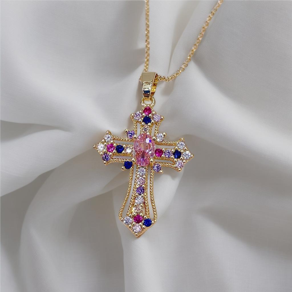 18k Gold Ins Vintage Punk Cross Necklace Pendant with Zircon Collarbone Chain Accessories