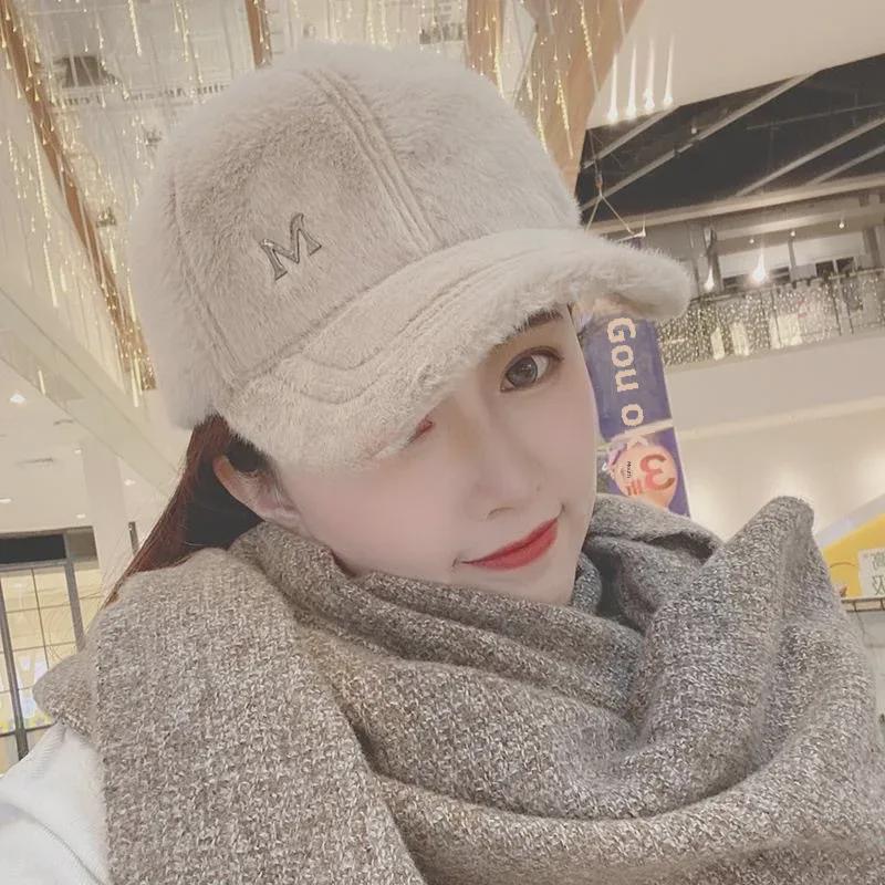 Women's Rabbit Fur Plush Duckbill Cap - Warm, Trendy Korean Style Winter Hat for Autumn/Winter