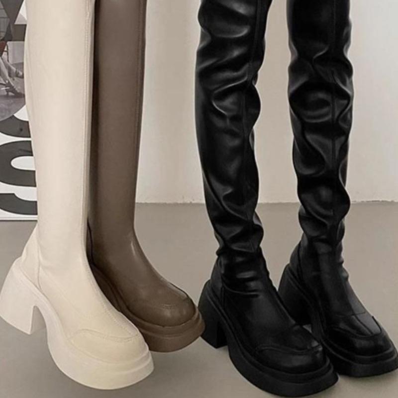 Fashion Womens Thick-heeled Over-the-knee Boots High Heeled High Quality Fad White Long Boots Women Heightened Elastic Boots Boats Mujer