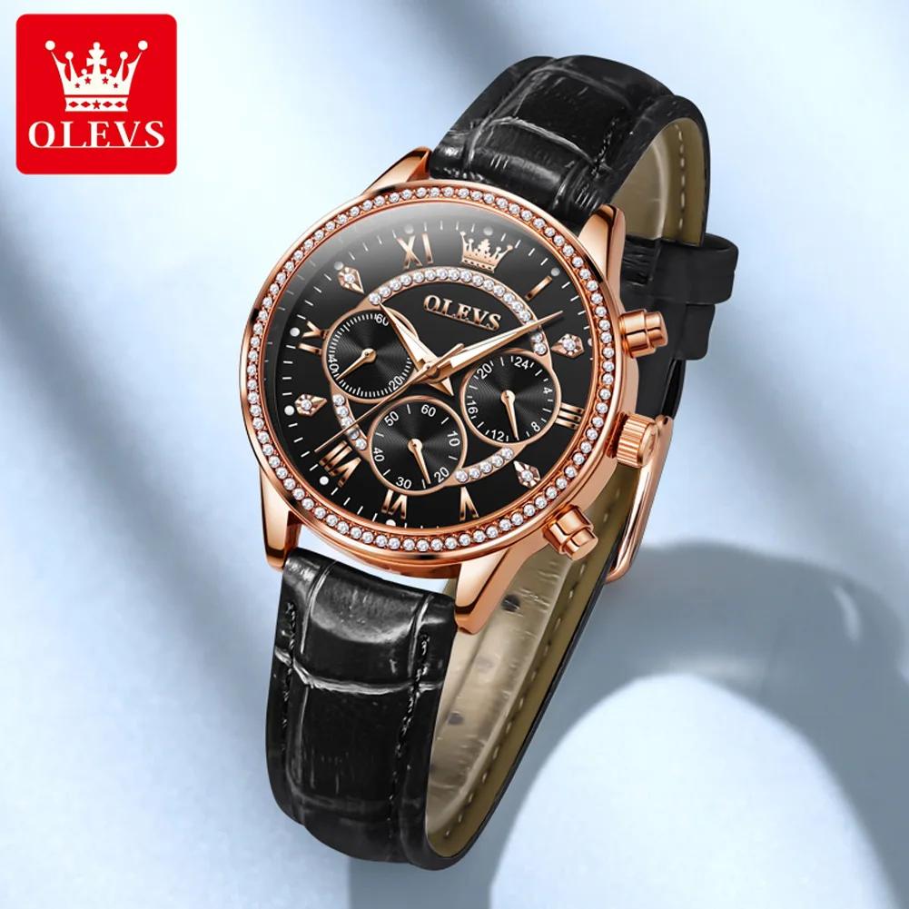 Women's Watches Fashion Elegant Diamond Bezel Watch for Ladies Soft Leather Strap Waterproof Luminous Chronograph