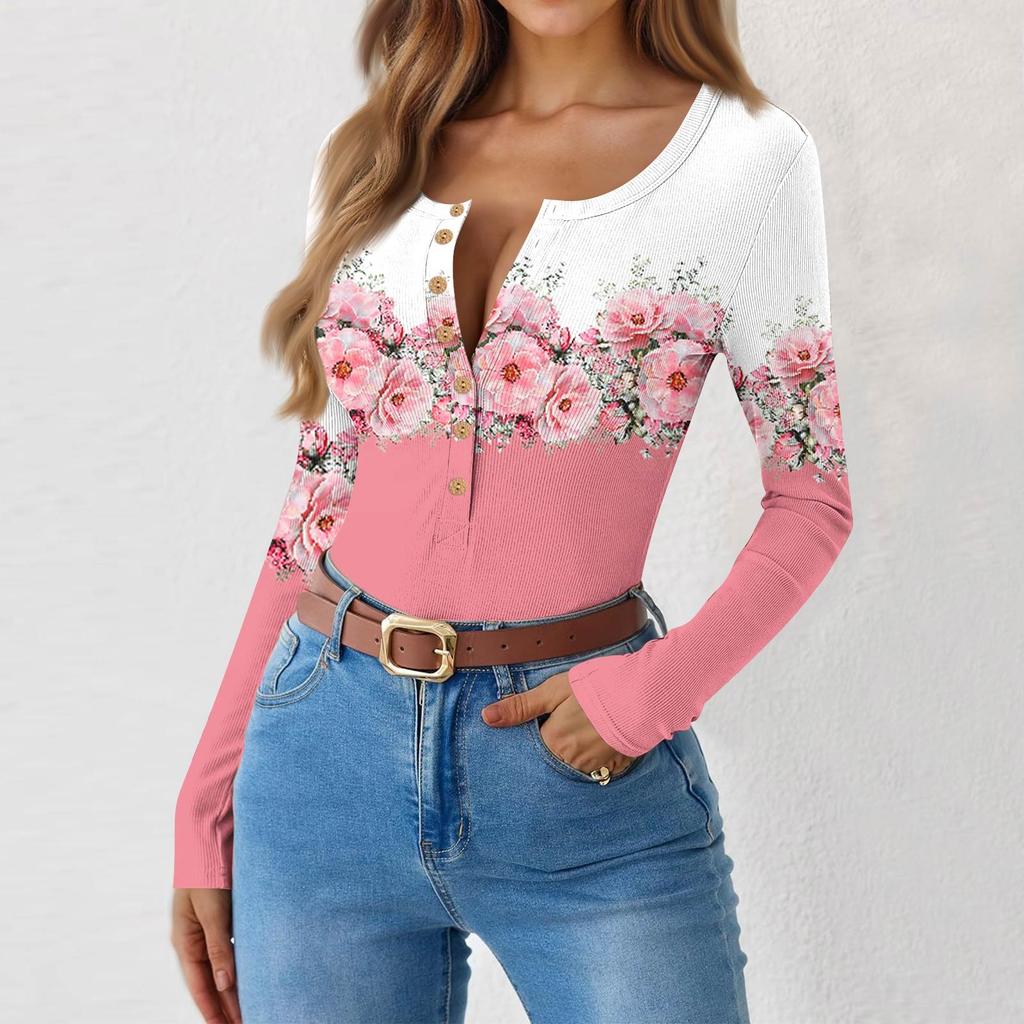 Women's Slim Bottom T-shirt Fashion Casual Gradient Printing Round Neck Pullover Long Sleeve Top