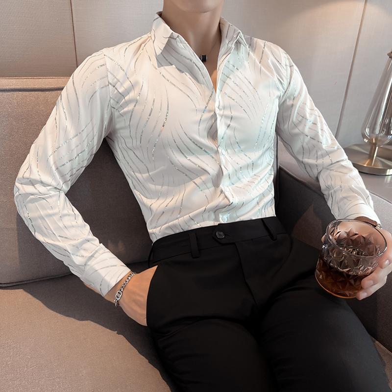 Bronzing Striped Men Shirts Autumn Fashion Long Sleeve Male Dress Shirt Club Party Wear Social Casual Blouse Homme