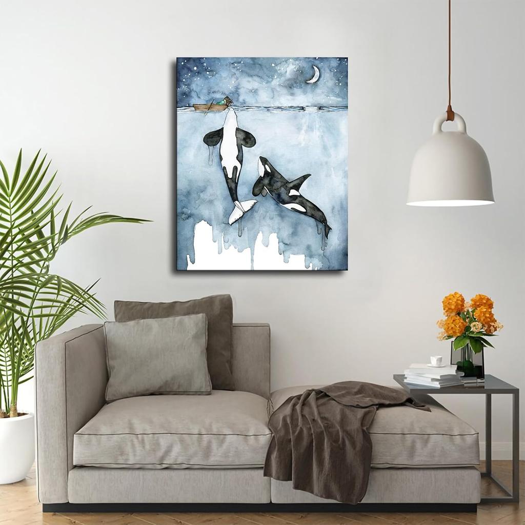 NikkOh Косатка и Девочка Холст Принт Акварельная Живопись Косатка Настенное Искусство Морская Жизнь Постер Холст Живопись Настенное Искусство Картина Подарок Спальня Дом