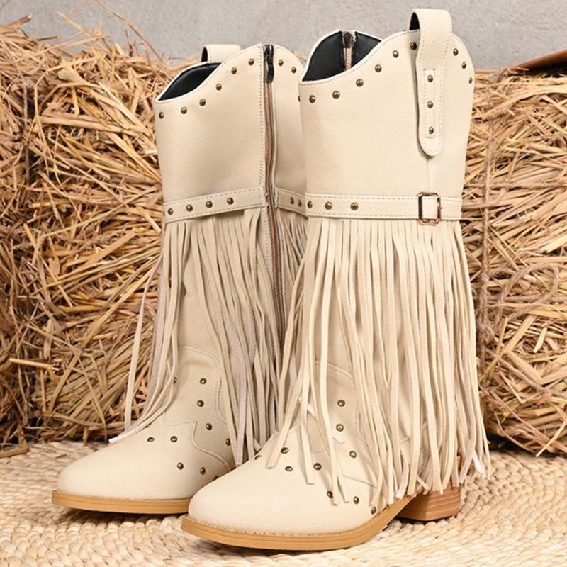 Ботильоны женские в уличном стиле с заклепками и бахромой, новые, бежевые, больших размеров 36-43, ботильоны до середины голени для женщин, с острым носком, на молнии, Botas Female