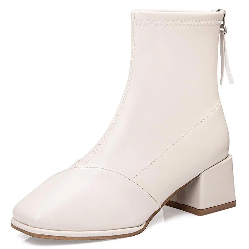 Зимние женские сапоги 2024 года, модные, высокого качества, с квадратным носком, однотонные, короткие, на толстом каблуке, на молнии, женские модные сапоги