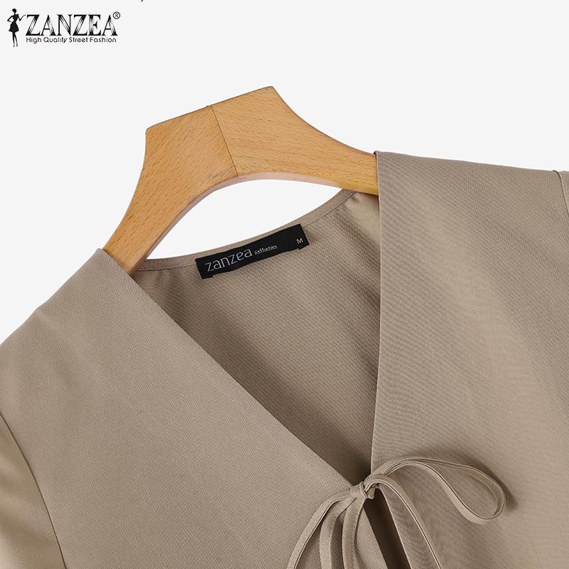 ZANZEA Женская повседневная блузка-кардиган с V-образным вырезом и коротким рукавом на шнуровке