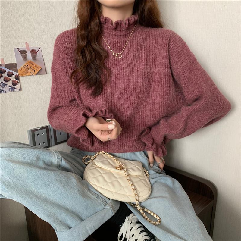 Осень и зима новый трикотажный однотонный внутренний свитер с грибковой кромкой с длинным рукавом и полуводолазкой дизайн свитер топ для женщин