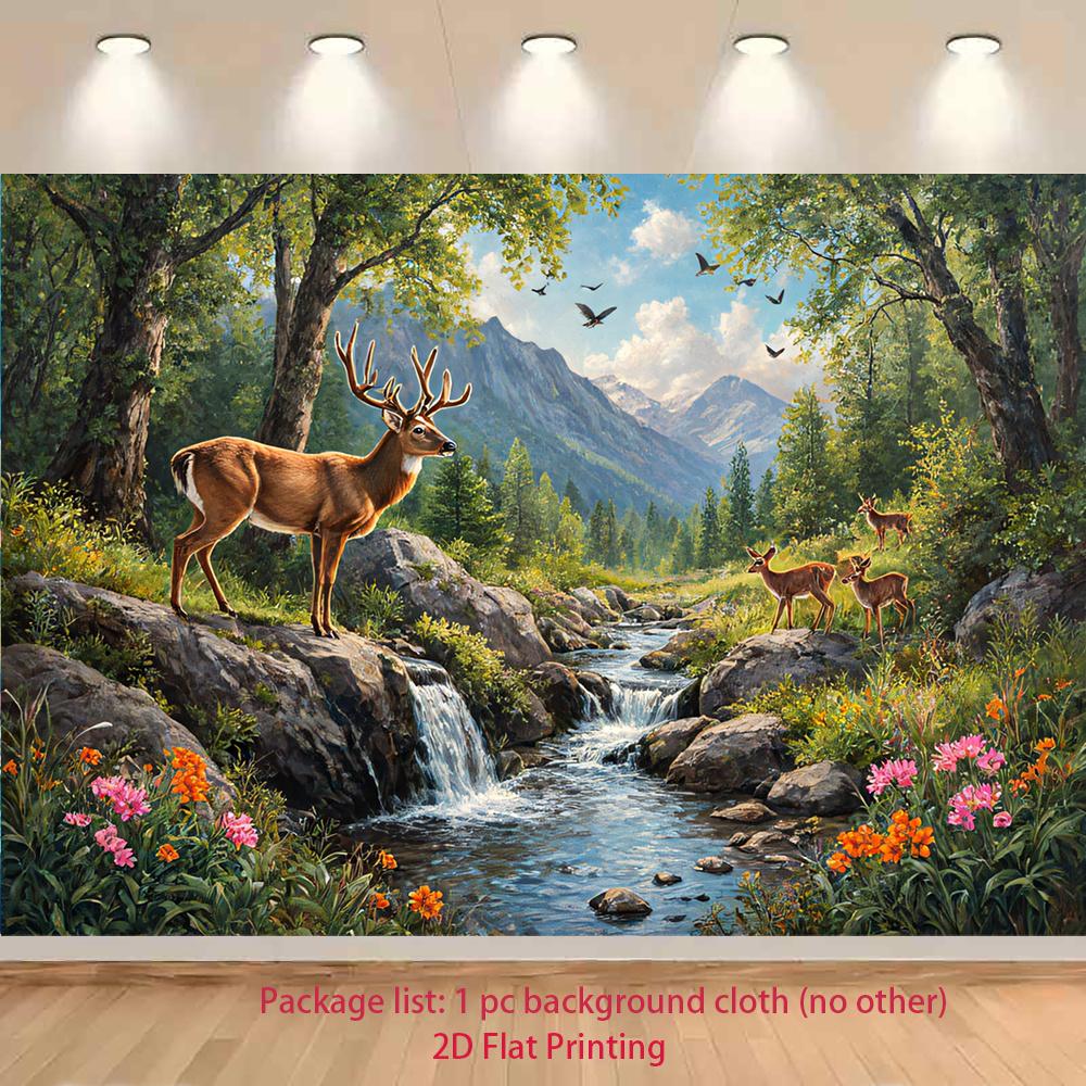 2D flat, 1pc Forest Fairyland Animal party Fox decoration - background fabric deer, mountain stream and wildflower polyester