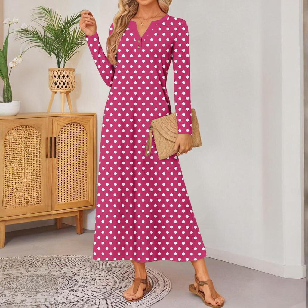 Women Polka Dot Printed Long-sleeved Comfortable Loose Dress, Elegant Dress