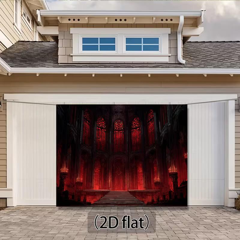 2D Dark Fantasy Cathedral Tapestry, Red Stained Glass & Candles Wall Hanging