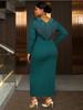 Зеленое Элегантное Платье с Бахромой и Отделкой из Бисера, V-образный Вырез, Длинный Рукав, Лоскутная Отделка, Приталенное, Вечернее Платье для Вечеринки, Обтягивающее Бедра, Женское