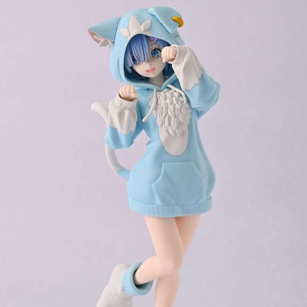 22CM Anime Remu Figure Rem Ram Cute Standing Pose Cat Ears Dresses Action Figure PVC Model Ramu Figurine Home Collection Gifts