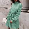 Women Sequined Lace Up Dress O-neck Long Sleeve Short Dress Solid Color Spring