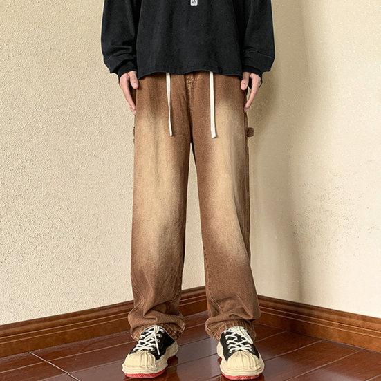 Мужские летние джинсовые брюки со средней посадкой и эластичной резинкой на талии, джинсы-карго с несколькими карманами, прямые широкие брюки High Street