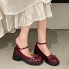 Red French Retro Round Head Light Mouth Thick Heel Single Shoes Women's Summer 2025 New with Skirt Heightening Mary Jane Shoes