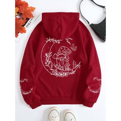 Грибы растут на Луне Смешная графика Женская толстовка с капюшоном Теплая флисовая толстовка Осенняя повседневная модная спортивная одежда большого размера с капюшоном