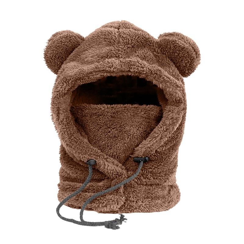Зимние милые мультяшные плюшевые шапки с медвежьими ушками, Балаклава, теплая детская шапка с капюшоном в виде медведя, защитная шапка для ушей, ветрозащитная толстая теплая крышка на шею