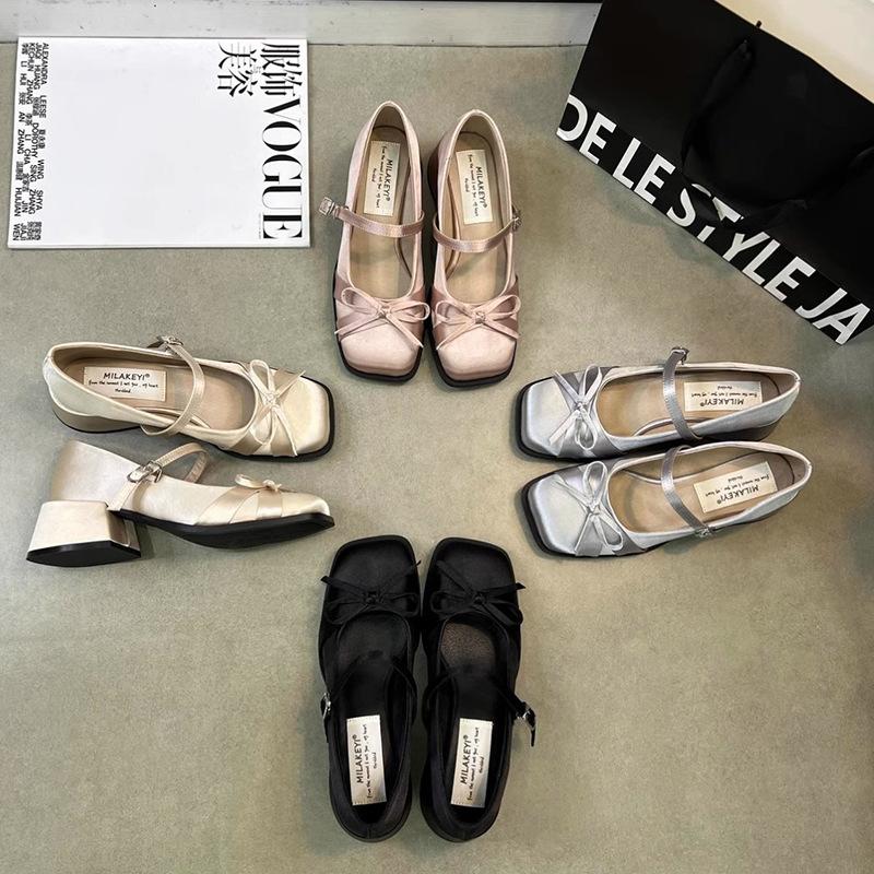 2025 летние новые туфли Мэри Джейн с одним словом, женские новые туфли Мэри Джейн с квадратным бантом и атласным толстым каблуком