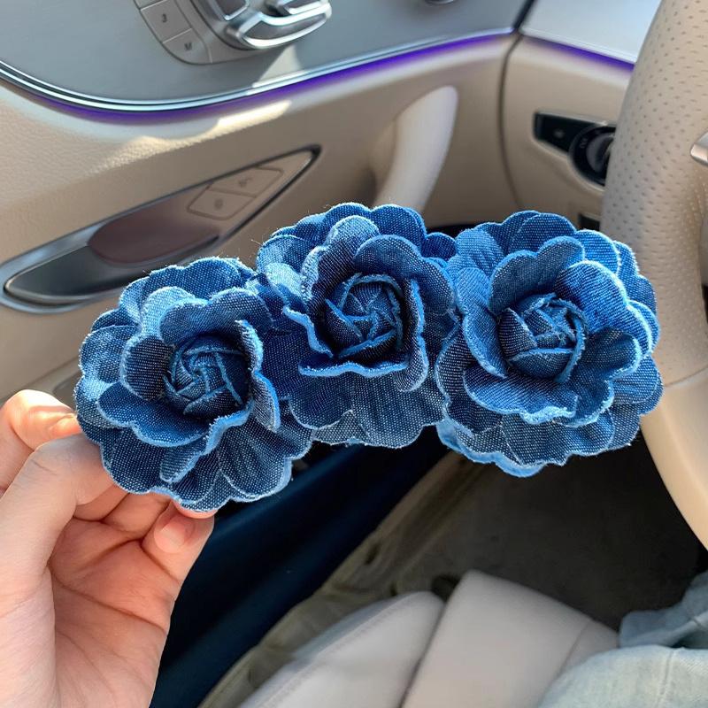 Retro Denim Blue High-end Feeling Rose Flower Clip Banana Ins Atmosphere Back Of Head Disheveled Hair Shark
