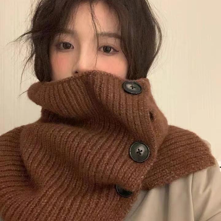 Twist Button Warm Winter Scarf for Women All Match Casual Neck Scarf for Cycling Cold Protection Neck Protection Warm Knitted Scarf Korea